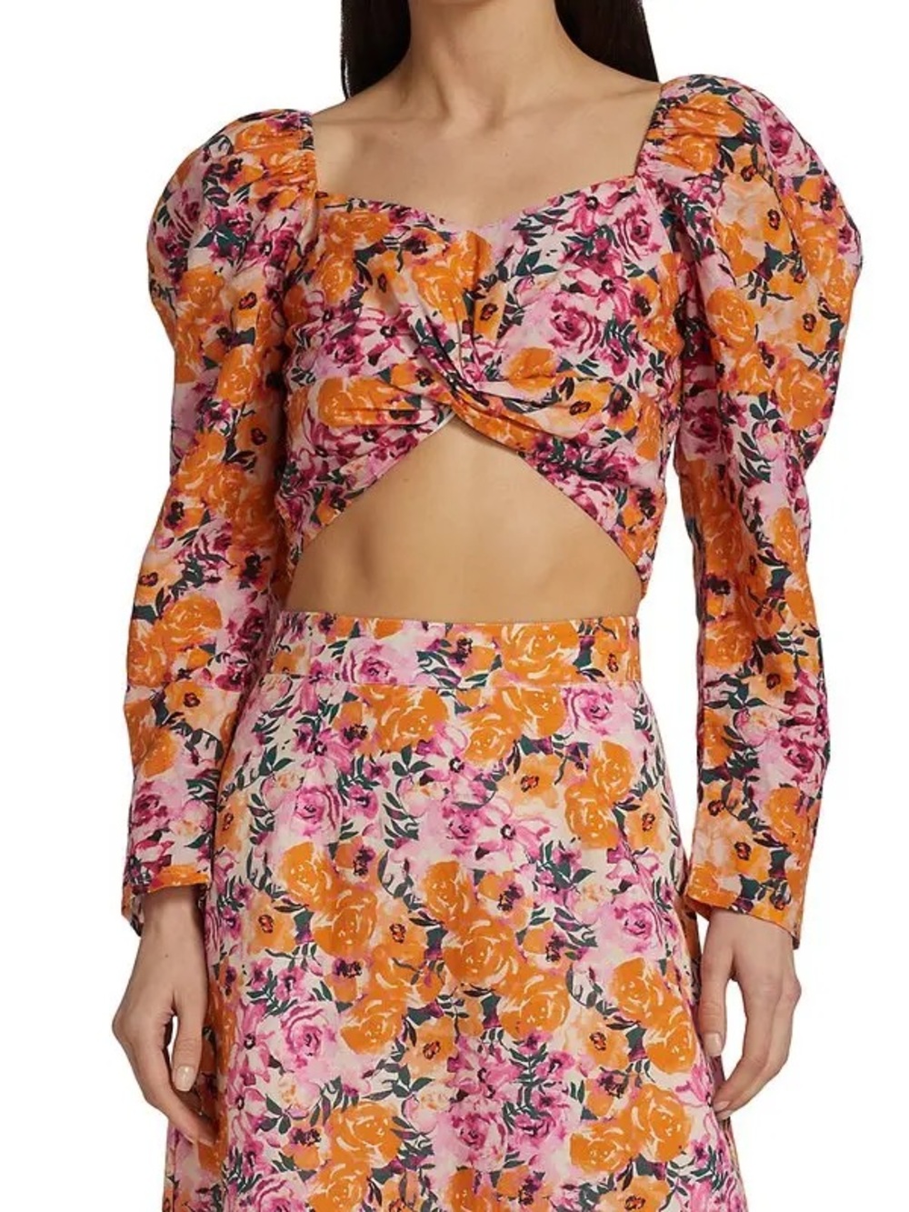 Something Navy Floral Puff Shoulder Crop Top, lightweight, Summer Orange/Pink